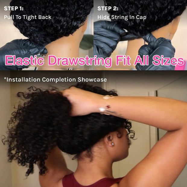 Pull Go V Part Kinky Curly Wig Upgrade Elastic Drawstring Fit All Sizes Put On & Go Glueless  Human Hair Wig Afro Curly Style