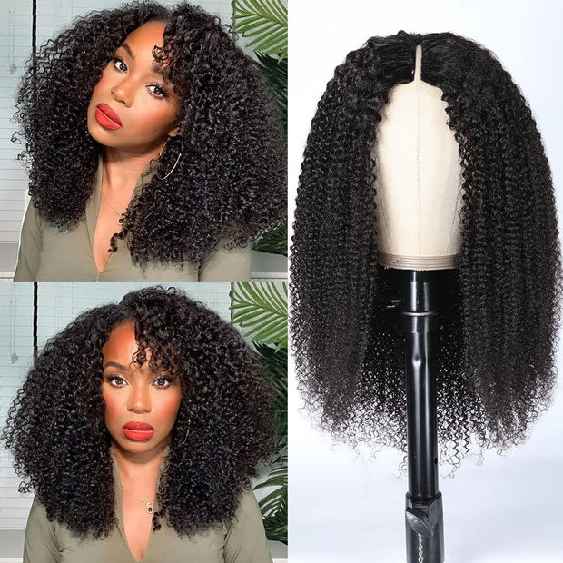 Pull Go V Part Kinky Curly Wig Upgrade Elastic Drawstring Fit All Sizes Put On & Go Glueless  Human Hair Wig Afro Curly Style