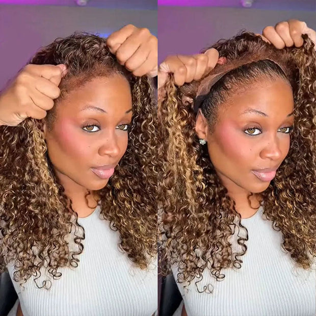 Glueless 4c Edge Blonde Highlight Curly Human Hair Lace Wig Natural Kinky Curly Edges Undetectable HD Lace Front Wig