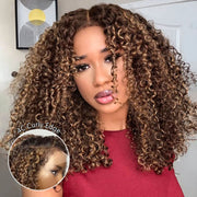 Glueless 4c Edge Blonde Highlight Curly Human Hair Lace Wig Natural Kinky Curly Edges Undetectable HD Lace Front Wig