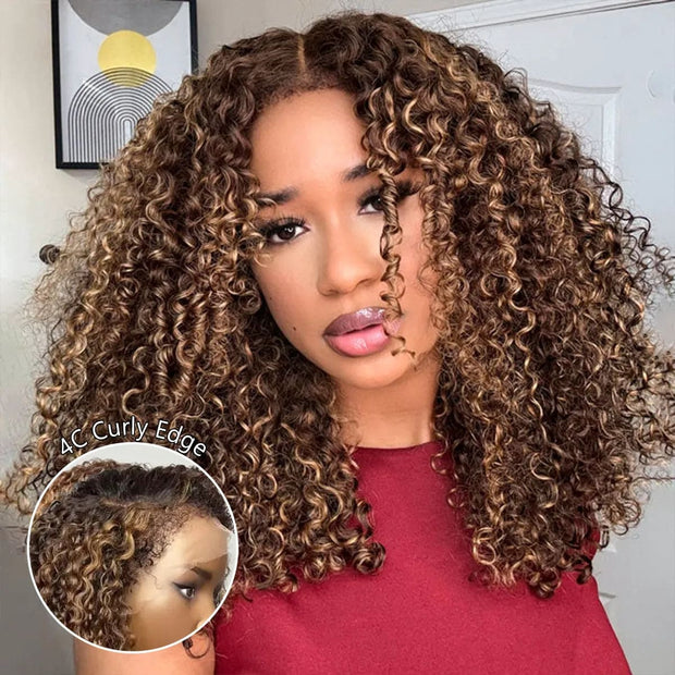 Glueless 4c Edge Blonde Highlight Curly Human Hair Lace Wig Natural Kinky Curly Edges Undetectable HD Lace Front Wig