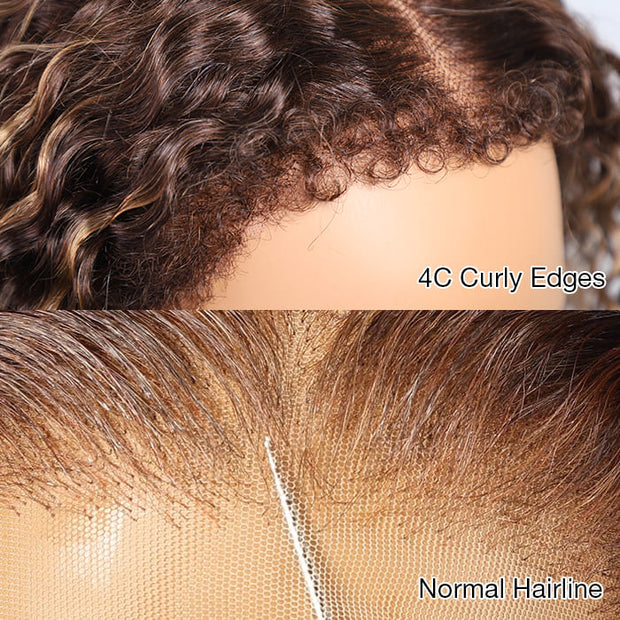Glueless 4c Edge Blonde Highlight Curly Human Hair Lace Wig Natural Kinky Curly Edges Undetectable HD Lace Front Wig
