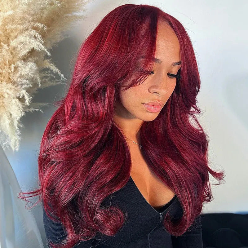 Burgundy Red Body Wave Glueless Wig With Curtain Bangs 13x4/5x5 HD Lace Closure wig