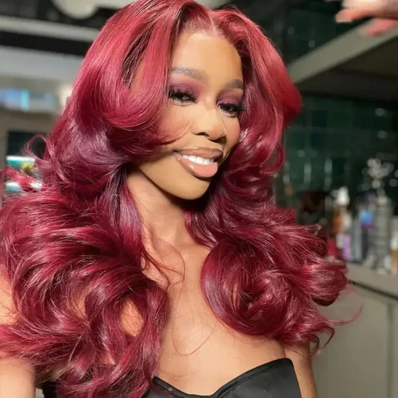 Burgundy Red Body Wave Glueless Wig With Curtain Bangs 13x4/5x5 HD Lace Closure wig
