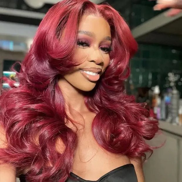 Burgundy Red Body Wave Glueless Wig With Curtain Bangs 13x4/5x5 HD Lace Closure wig