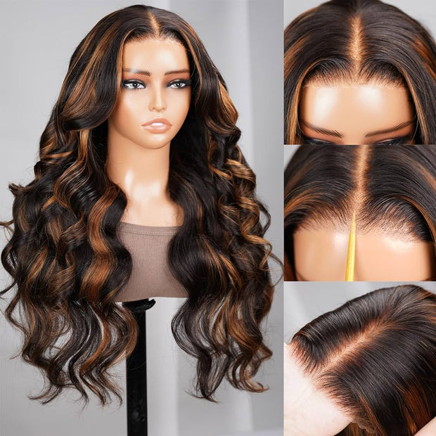 Pre All|Glueless 3D Body Wave Highlights Ombre Brown 13X4 Pre Cut HD Lace Wigs Pre Bleached Pre Plucked Human Hair Wig