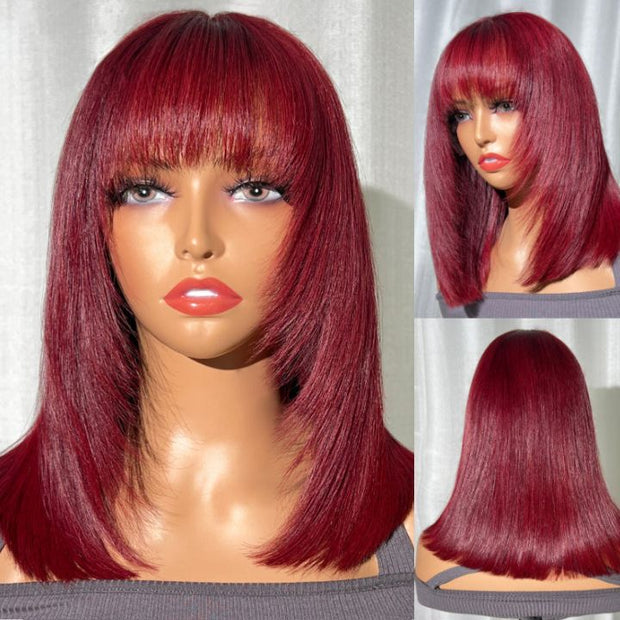 99J Color Layered Cut Glueless Lace Front Wig Short Straight Virgin Human Hair Wigs For Women