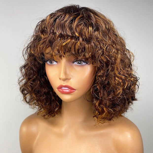 Highlight Deep Curly Short Pixie Bob Human Hair Wigs With Bang Honey Blonde Ombre Color Wig