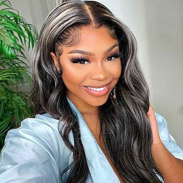 Body Wave Platinum Blonde Highlights Wig 13x4 Lace Front Straight Hair Wigs Human Hair Balayage Color Wig