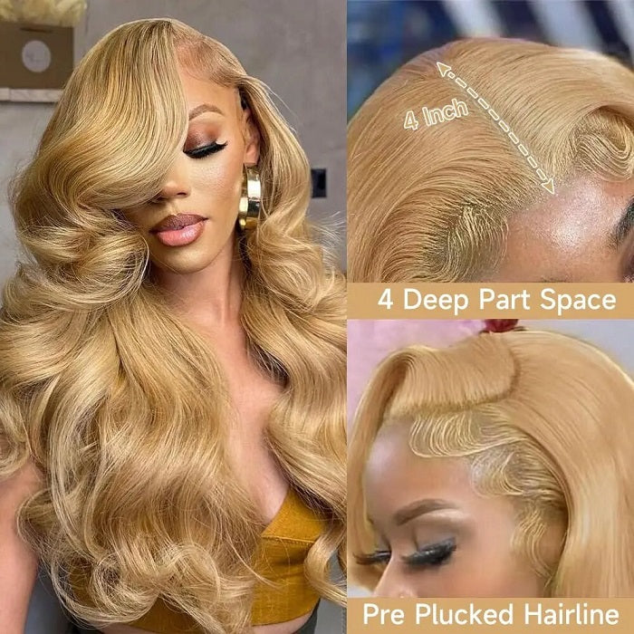Honey Blonde Colored Body Wave Hair Wigs 4x4 Lace Closure Glueless Human Hair Wigs