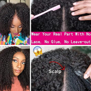 Pull Go V Part Kinky Curly Wig Upgrade Elastic Drawstring Fit All Sizes Put On & Go Glueless  Human Hair Wig Afro Curly Style
