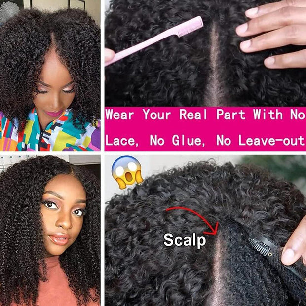 Pull Go V Part Kinky Curly Wig Upgrade Elastic Drawstring Fit All Sizes Put On & Go Glueless  Human Hair Wig Afro Curly Style