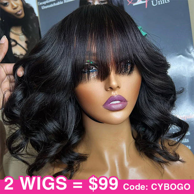 $99 BUY 1 GET 1 FREE|Body Wave Short Bob Wig With Bangs Wear & Go Glueless Full Machinemade Human Hair Wigs 180% Density