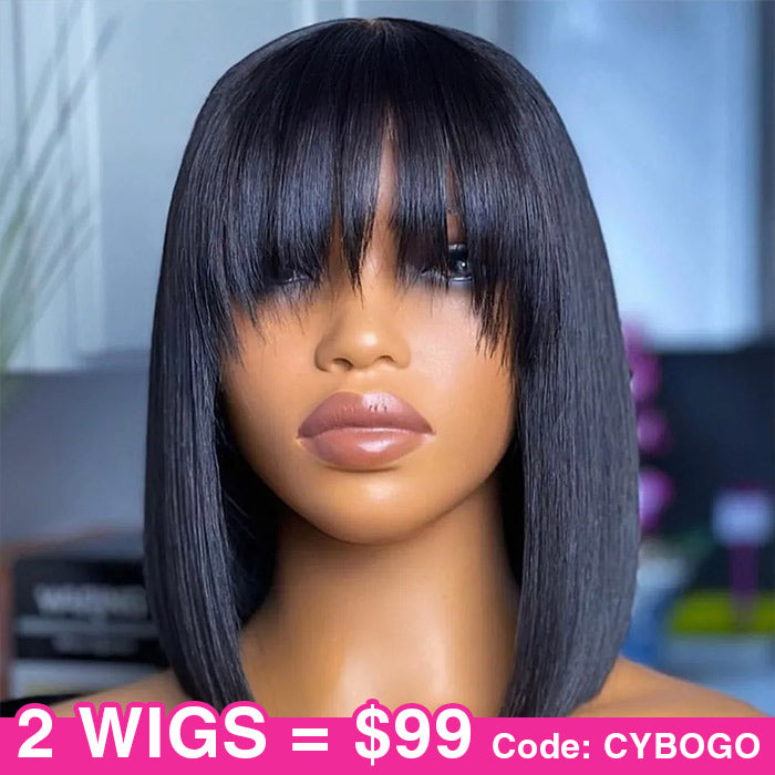 $99 BUY 1 GET 1 FREE|Wear & Go Straight Short Bob Wig With Bangs Full Machinemade Human Hair Glueless Wigs 180% Density