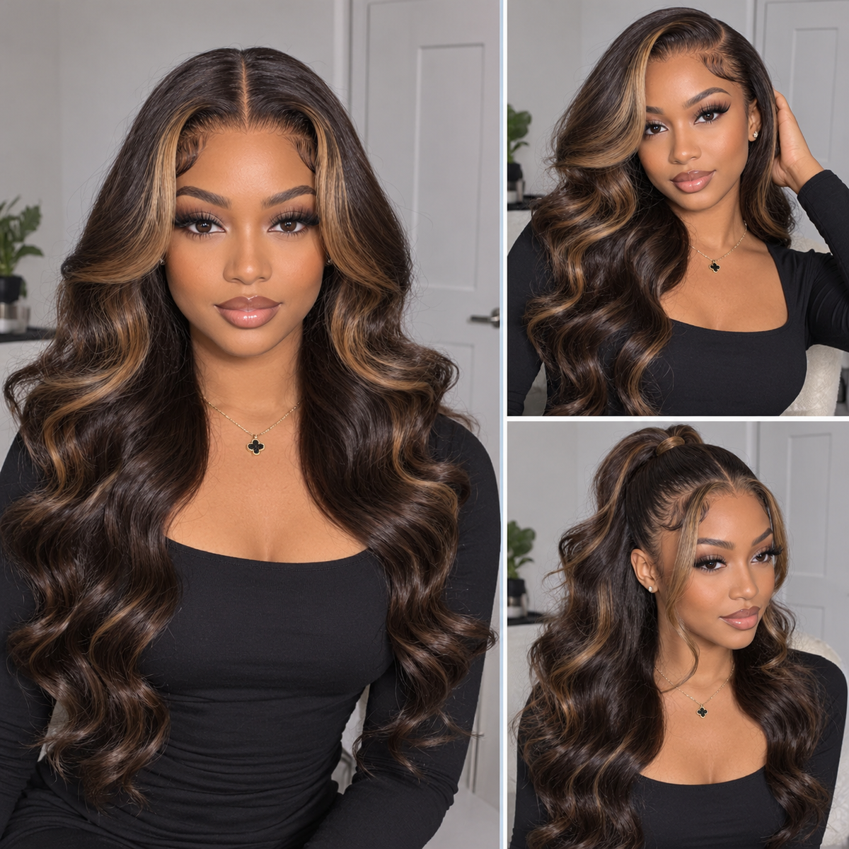 Money Piece Highlights Color on Brown Hair Body Wave HD Glueless Lace Front Wigs Human Hair Money Piece In the Front Face-Framing Stylish Look