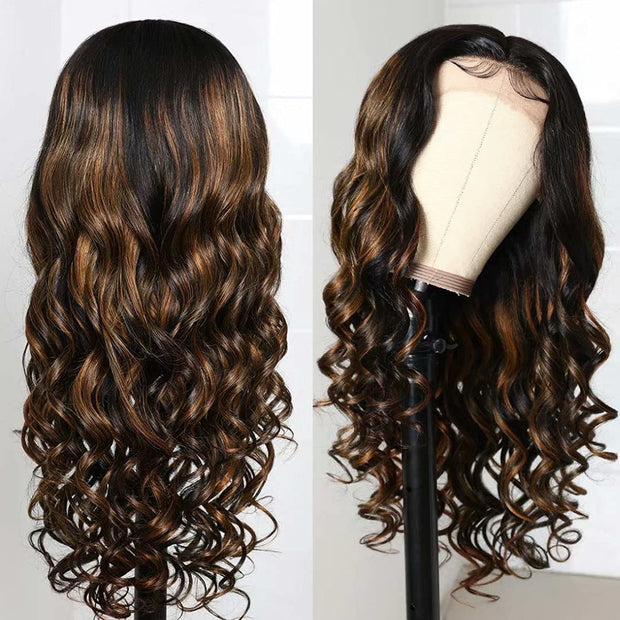 $189=24 Inches Ombre Highlight Body Wave 13x4 Lace Front Glueless Human Hair Wig