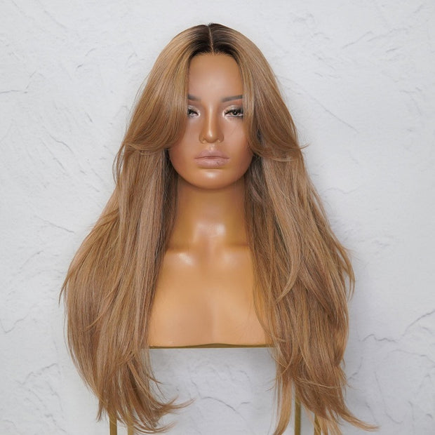 Curtain Bangs Soft Long Ombre Honey Blonde Human Hair Wig 1B/27 Colored 13x4/5x5 HD Lace Closure wig