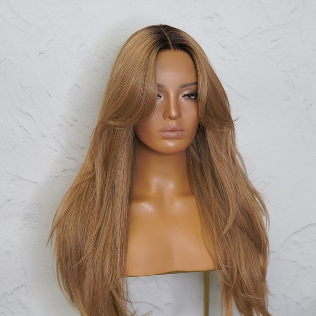 Curtain Bangs Soft Long Ombre Honey Blonde Human Hair Wig 1B/27 Colored 13x4/5x5 HD Lace Closure wig
