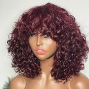 99j Red Colored Full Machine Made Wig Water Wave Human Hair Wig With Bangs