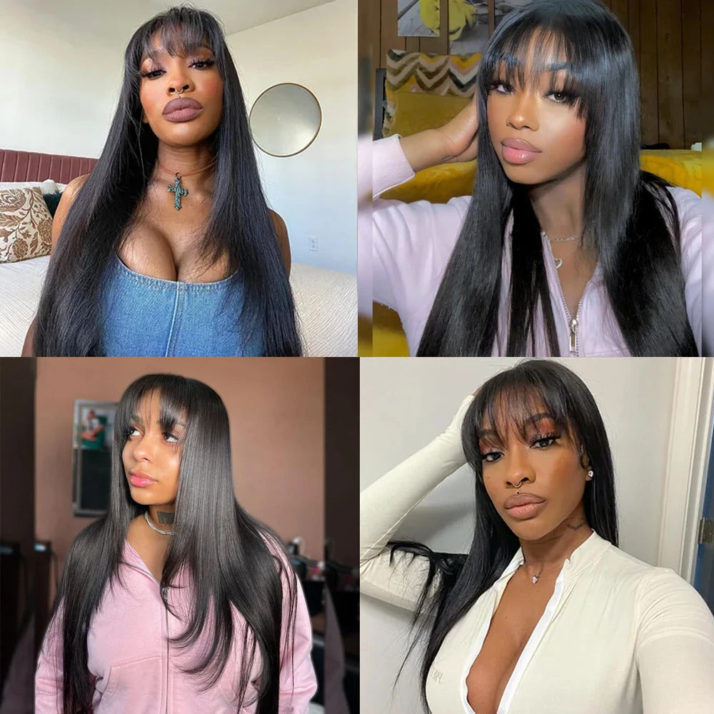 Straight Layered Wig With Bangs Human Hair| Glueless Lace  display picture 1