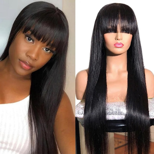 FLASH DEAL Straight Human Hair Wigs With Bangs for Women Half Machine Made Wig