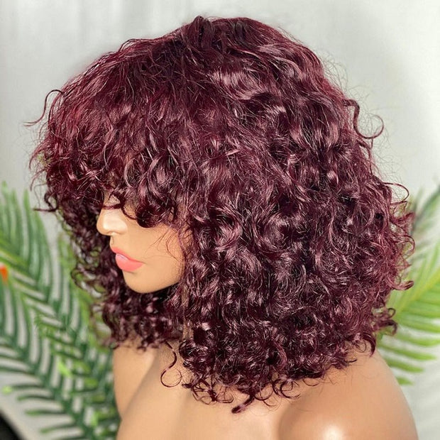 99j Red Colored Full Machine Made Wig Water Wave Human Hair Wig With Bangs