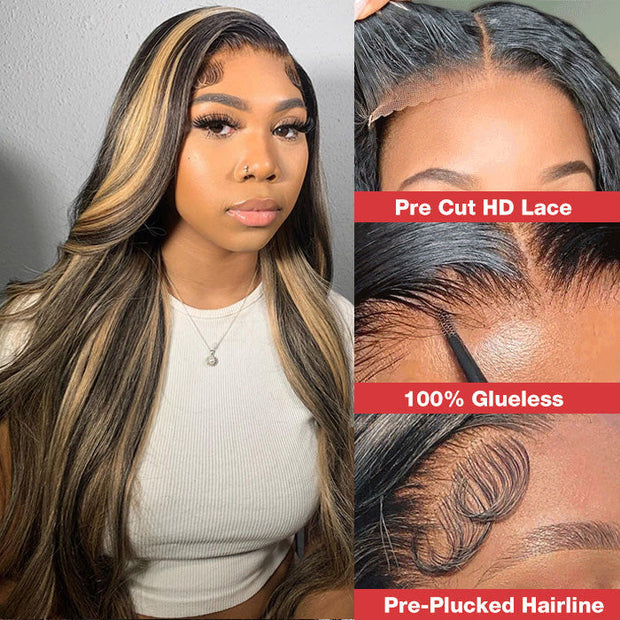 Balayage Pre Bleached Wear Go Upgraded 8x5 HD Lace Highlights Body Wave Pre Cut Wig