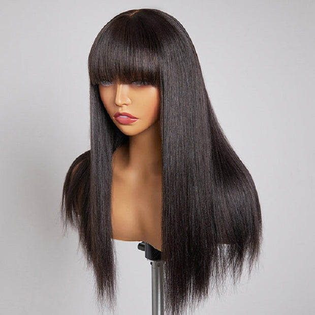 FLASH DEAL Straight Human Hair Wigs With Bangs for Women Half Machine Made Wig