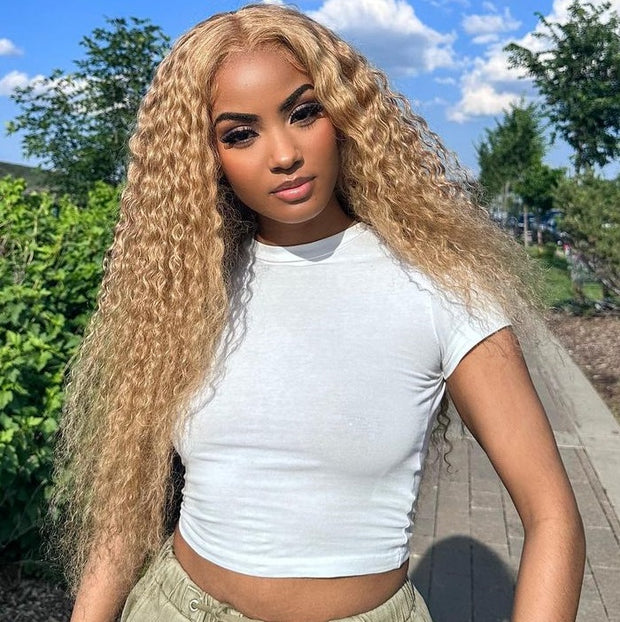 #27 Golden Blonde Brown Colored Wig Water Wave Curly 4x4/5x5/13x4 Transparent Lace Wig Human Hair Wigs Free Part