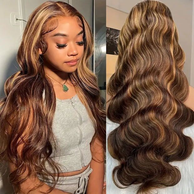 Clearance Sale-Honey Blonde Highlight Straight/Body Wave HD Lace Human Hair Wig