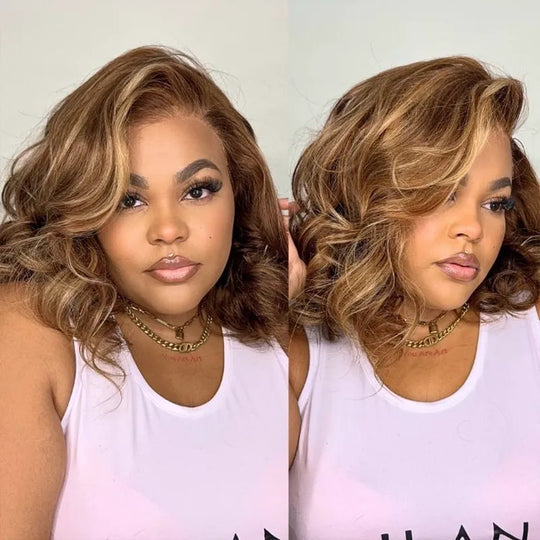 Honey Blonde Highlight On Loose Body Wave Brown Colored Glueless Side Part Drawstring Wig Bleached Knots Pre Cut 8x5 HD Lace Closure Human Hair Wigs