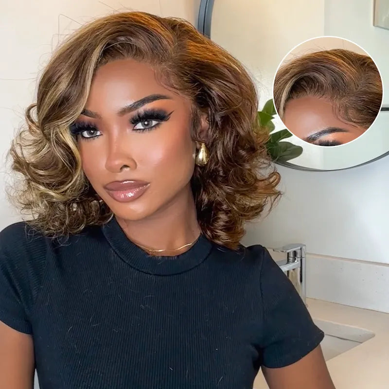Honey Blonde Highlight On Loose Body Wave Brown Colored Glueless Side Part Drawstring Wig Bleached Knots Pre Cut 8x5 HD Lace Closure Human Hair Wigs