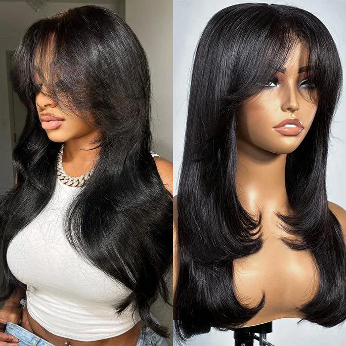 50% OFF| 16''-30'' Curtain Bangs Pre Cut 5x5 8X5 HD Lace Wig Butterfly Cut Straight Human Hair Wigs with Adjustable Strap