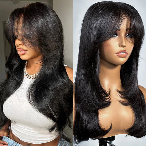 Curtain Bangs 13x4 HD Lace Wig Butterfly Layered Straight Human Hair Wigs With Adjustable Strap