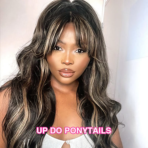 Glueless Curtain Bangs Body Wave Pre Cut HD Lace Wig Butterfly Hair Cut Highlight Honey Blonde Wig