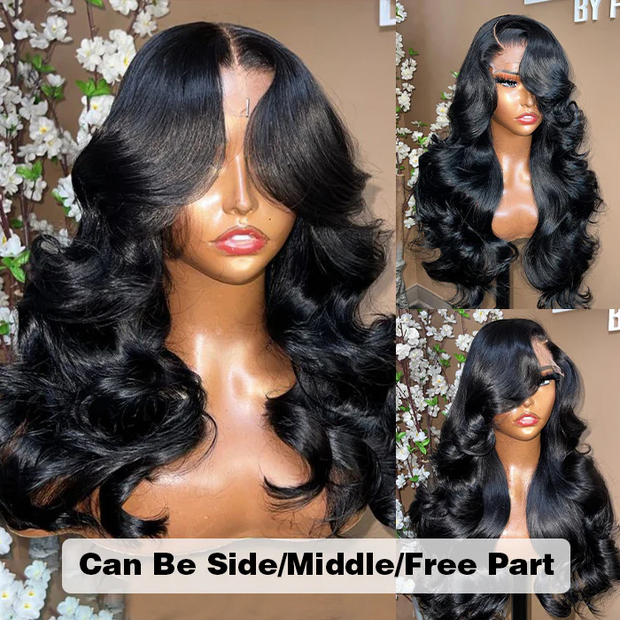 Curtain Bangs 8X5 Pre Cut HD Lace Wig Butterfly Cut Body Wave Glueless Human Hair Wigs with Adjustable Strap