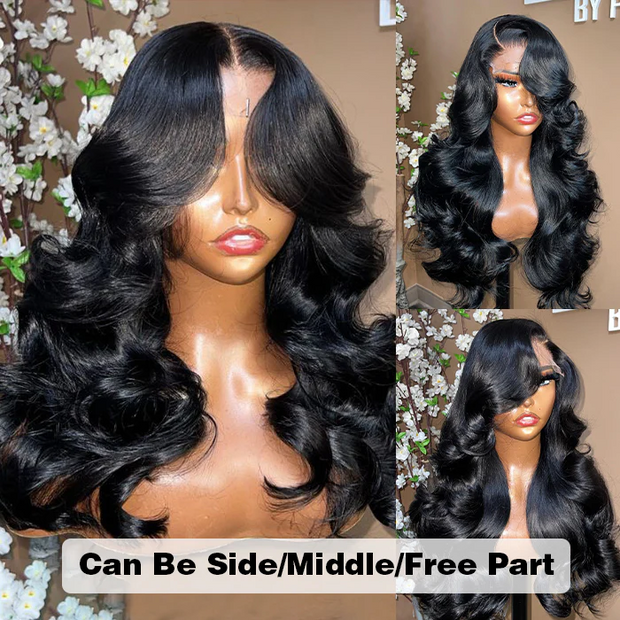 Curtain Bangs Pre Cut HD Lace Wig Butterfly Cut Body Wave Wear & Go Glueless Human Hair Wigs with Adjustable Strap