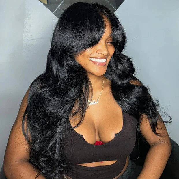 Curtain Bangs Pre Cut HD Lace Wig Butterfly Cut Body Wave Wear & Go Glueless Human Hair Wigs with Adjustable Strap