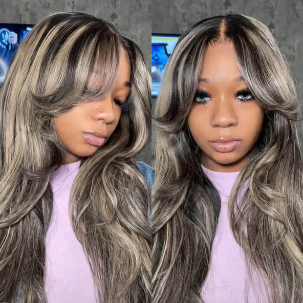 Glueless Curtain Bangs Body Wave Pre Cut HD Lace Wig Butterfly Hair Cut Highlight Honey Blonde Wig