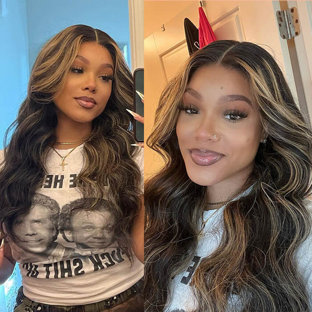 Glueless Curtain Bangs Body Wave Pre Cut HD Lace Wig Butterfly Hair Cut Highlight Honey Blonde Wig