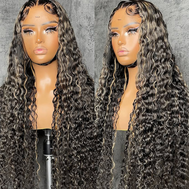 250% Water Wave Pull & Go Hidden Strap 360 Skin Lace Frontal Wig Balayage Highlight Blonde Highlight Pre-cut & Pre-bleached Human Hair Wig Cozy & Sung Fit