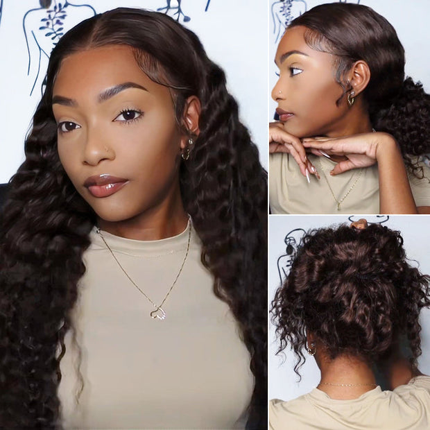 New Glueless Chocolate Brown 360 Lace Frontal Wigs With Hidden Strap Ready & Go Affordable Human Hair Wigs 220% Density