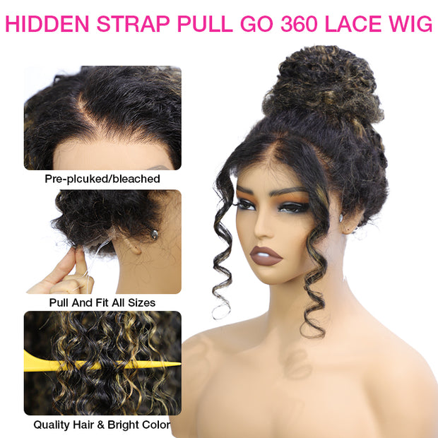 250% Water Wave Pull & Go Hidden Strap 360 Skin Lace Frontal Wig Balayage Highlight Blonde Highlight Pre-cut & Pre-bleached Human Hair Wig Cozy & Sung Fit