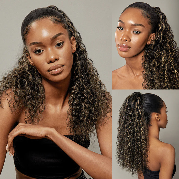 250% Water Wave Pull & Go Hidden Strap 360 Skin Lace Frontal Wig Balayage Highlight Blonde Highlight Pre-cut & Pre-bleached Human Hair Wig Cozy & Sung Fit