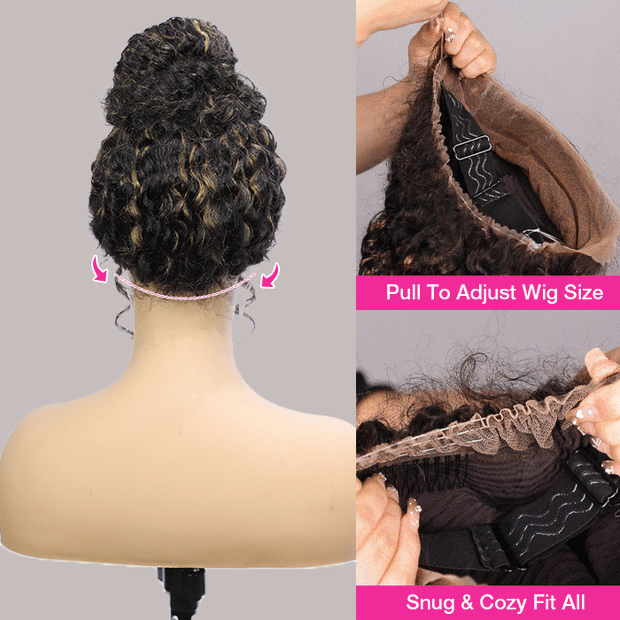 250% Water Wave Pull & Go Hidden Strap 360 Skin Lace Frontal Wig Balayage Highlight Blonde Highlight Pre-cut & Pre-bleached Human Hair Wig Cozy & Sung Fit