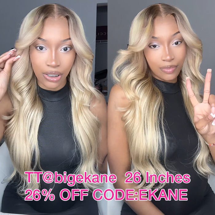 Cynosure Curtain Bangs Glueless Ash Blonde Highlights Wig #18613 Human Hair Wigs With Dark Roots 14 Inch To 28 Inch