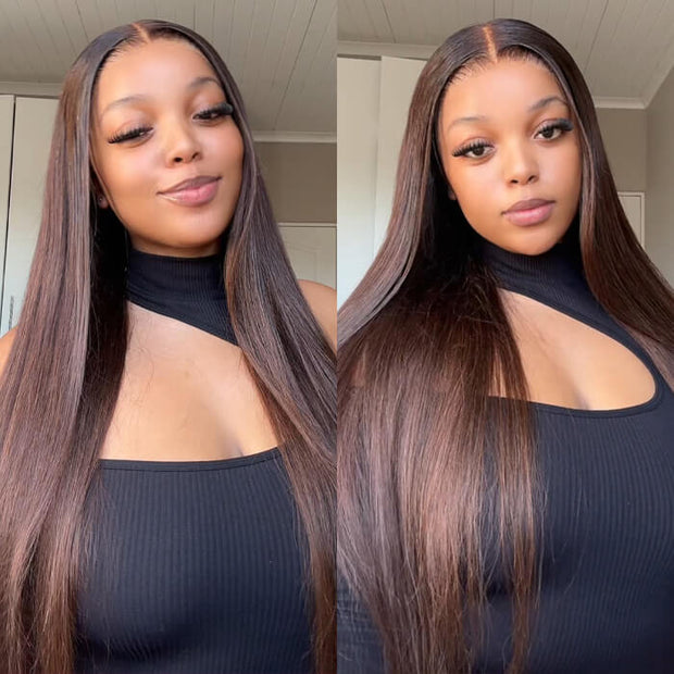 Pre All|Glueless Rich Brown Silk Straight Human Hair Wigs Pre Bleached Pre Cut HD Lace Ready To Wear Wig
