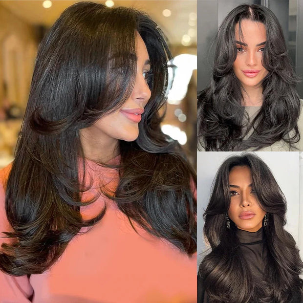 Curtain Bangs 13x4 HD Lace Wig Butterfly Layered Straight Human Hair Wigs With Adjustable Strap