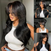 Wipsy Bangs Butterfly Layered Straight Wig Pre Cut 13x4 HD Lace Human Hair Wigs With Adjustable Strap