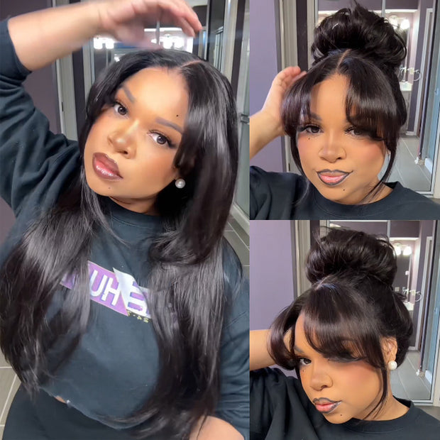 Curtain Bangs 13x4 HD Lace Wig Butterfly Layered Straight Human Hair Wigs With Adjustable Strap